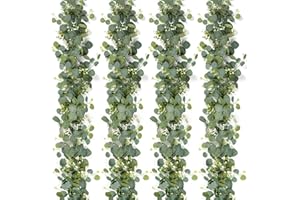 SOMYTING 4 guirnaldas Artificiales de eucalipto con Hojas de Sauce, Hojas Verdes, Guirnalda de Flores Blancas, Plantas Artificiales para decoración de Fondo, Boda, Camino de Mesa Central