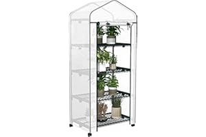 Outsunny Invernadero de Exterior con 4 Estantes y Ruedas, Invernadero Pequeño con Puerta Enrollable, Marco de Acero y Cubierta de PE 140g/㎡, Anti-UV para Plantas, Macetas, Flores, 69x50x165 cm, Blanco
