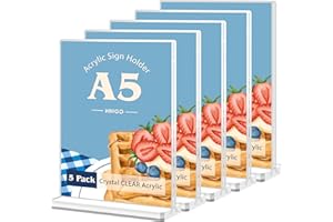 VAIIGO A5 Acrylic Sign Stand, T-Shape Poster Menu Holder - Double-Sided Display Stand for Restaurant, Hotel, Office, Wedding, Menu, Picture, Document, Promotion (White/5Pack)