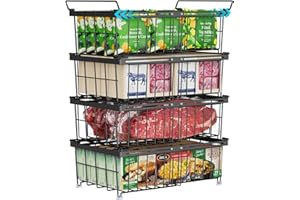 iSPECLE Chest Freezer Baskets - Expandable Fit 283 to 566L Deep Freezer, 4 Pack Large Stackable Wire Basket Add Space Easily Get Frozen Foods with Handles, Allow Air Circulation, Black