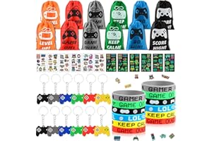 VICTERR Video Game Party Bag Fillers, 48PCS Gaming Party Favours with Drawstring Bags, Silicone Bracelet, Keychain and Glow Temporary Tattoos, Video Game Birthday Party Supplies for Kids Boys Adult Gamer