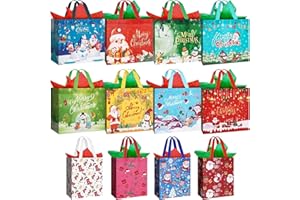 HEDOBCESO 12 Pack Christmas Tote Bags with Tissue Paper Includes 8 Large 13",4 Medium 10" Treat Bags for Xmas Party Favors