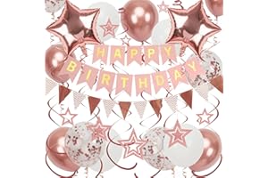 DOUVELUE Rose Gold Birthday Decorations, Happy Birthday Banner and Rose Gold Star Balloons, Glitter Hanging Stars with Hanging Swirls, Bunting Banner, for Women Girls Party Decoration