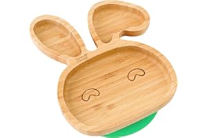 bamboo bamboo Baby and Toddler Plate with Suction Cup for Feeding and Weaning, Bunny Shaped Bamboo Plates with Secure Suction for Babies from 6 Months (Bunny, Green)