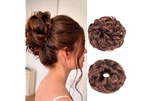 Gairyan Moños Postizos de Pelo Natural Postizos Rizados Coletero Postizo Sintético Postizos de Pelo Voluminosos Moño Postizo Extensiones de Cabello Ondulado 40g para Mujer - Castaño