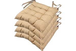 casaviva® Set 4 Cuscini Sedia 9 impunture con lacci Made in Italy lavorati a mano in 100% cotone stampato effetto lino imbottitura deluxe 7 cm (nocciola)