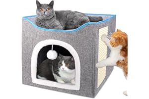 GDGZT Cat Bed, Large Cat Beds for Indoor Cats, Foldable Cat House- Soft Cube Cat Cave Bed with Cat scratcher & Ball, Covered Cat Hideaway for Cats and Small Pets, 16.5x16.5x13 inches, Grey