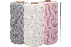 ESTEFANLO 3 filati macramè, 3 mm x 100 m, cotone macramè, corda di cotone, filato macramè, filo di cotone colorato da appendere, appendere per piante, fai da te, a maglia (beige, rosa chiaro, grigio chiaro)