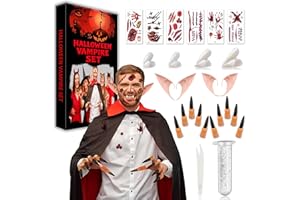 HUTRADE Colmillos Vampiro Halloween – Kit con 6 Tatuajes Halloween, 8 Colmillos, 2 Pares Orejas de Elfo, 10 Uñas Falsas Negras y 1 Tubo Adhesivo Dental, Accesorios Realistas para Cosplay y Fiestas