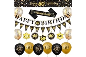 WENMTHG Light Up 60th Happy Birthday Decorations, 20 Pcs, Include Black gold 60th Birthday Banner Straps Hanging Swirls Triangle Flags Confetti Latex Balloons & 10Ft Light String for Women Men Party Supplies