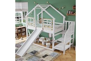 Aoskem Kinderbett Etagenbett 90x200, Hochbett Hausbett Holzbett mit Treppe & Rutsche, Bettgestell mit Rausfallschutz und Gitter, Bett mit 1x Lattenrost, Bettrahmen aus Massivholz, Ohne Matratze, Weiß