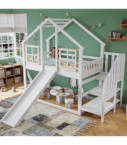 Etagenbett Mit Rutsche & Hausdesign - Massivholz Kinderbett 90x200 Cm Mit Sicherheitszaun