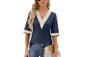 Atxnn Camiseta Mujer de Manga Media Blusas Boho con Cuello en V Camisa Elegante con Encaje Tops de Verano Ligera y Fresca