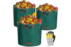 Sacs de Jardin,3 * 272L Sacs à Déchets de Jardin,Sacs Poubelle pour Les Déchets de Jardin Feuillage de Pelouse Vert Coupe -Réutilisable,1 Paire de Gants de Jardinage