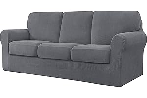 CHUN YI 7 Pieces Stretch Sofa Cover 3 Seater with Three Separate Cushions and Backrests Stylish Jacquard Spandex Fabric Sofa Slipcover for Living Room Furniture Protector(3 Seater，Light Grey)