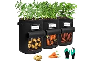 Airminti Lot de 3 sacs de plantation pour pommes de terre, 40 l, réutilisables, en tissu non tissé épais, avec poignées solides, fenêtre de visualisation et gants de jardin pour tomates, légumes et