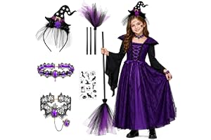 TOYTOPIE Häxkostym för flickor, lila gotisk klänning med häxhattpannband, kvast, choker, armband och tillfällig tatuering, halloween karneval