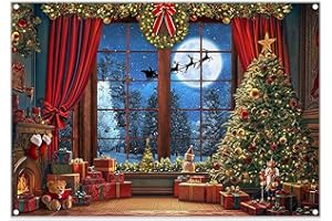 Luminora 7x5ft Winter Christmas Window Backdrop Christmas Trees Snow Forest Santa Claus Red Curtains Background Kids Family Decorations Party Photo Banner