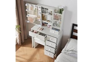 LIANWANG Tocador con Luz, Mesa de Maquillaje con Espejo, Brillo Regulable e 3 Temperaturas de Color, Compartimentos Abiertos, 1 Taburete, 6 Cajones, Blanco, 131x80x36cm