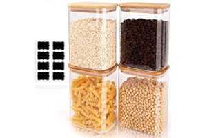FoiiLiio 1,25 L Rectángulo Tarros de Cristal con Tapa Hermético Juego de 4 Botes de Cristal con Tapa de Bambu Botes Cristal Cocina Almacenaje para Cereales Judías Avena - Φ12x8x15cm