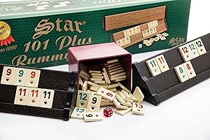 TruWare Just Camp Rummy Spiel Set aus Holz mit Melamin Steinen | Rommé Star Okey 101 Plus Gesellschaftsspiel Legespiel mit Würfel