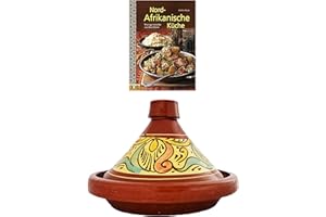 ‎MARRAKESCH ORIENT & MEDITERRAN INTERIOR Marokkanische Tajine Topf zum Kochen + Kochbuch | Schmortopf glasiert Chaouen Ø 30cm, für 4-5 Personen | inklusive Rezepte Buch Nord Afrikanische Küche | ORIGINAL Tontopf handgetöpfert aus Marokko