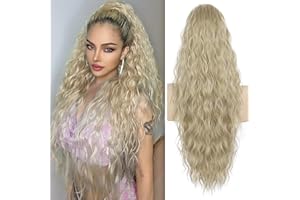 PORSMEER Ponytail Extension Ash Blonde Long Curly Drawstring Clip in Pony Hair Extension Synthetic Pony Tail Hairpiece for Women