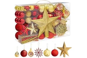 SA Products - 108 Pieces Christmas Baubles Set - Assorted Baubles - Gold & Red Decorations - Shatterproof Hanging Ornaments for Christmas Decorations - Balls, Stars, Snowflakes, Icicles Decor