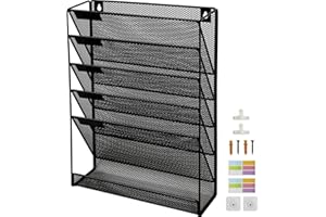 IOUGDSEC 6-stöckiger Netz-Wand-Aktenhalter mit flacher Ablage unten, mittelgroßes Netz, vertikale Hängeregistratur-Organizer, Büro-Hängeregister, Zeitschriftenständer, Namensschild-Haken-Set inklusive, Schwarz