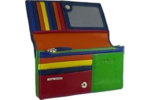 HIDE AND SLEEK Ladies Leather Matinee Organiser Purse with RFID Protection for 10 Cards, Notes and Coins (Navy/Green Multi)