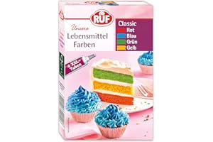 ‎RUF RUF Lebensmittel-Farben Classic, 4 XXL Tuben in Rot, Blau, Grün, Gelb, zum Färben von Teigen, Rainbow Cake, Fondant und Cremes, farbintensiv, 4 x 20g