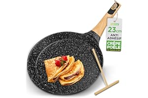 Nutrichef Poêle à Crêpes Antiadhésive 24 cm -Crêpière Induction avec Répartiteur en Bois,Poêle à Pancakes avec Revêtement Marbre Noire,Tous Feux Dont Induction,Sans PFOA/PFOS,Compatible lave-vaisselle