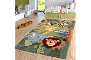 TT Home Tappeto verde per la camera dei bambini, con gli animali della giungla: giraffe, leoni, scimmie e ippopotami, Dimensione:120x170 cm