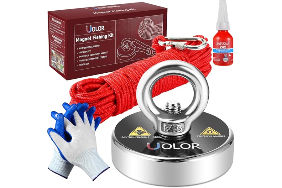 Uolor Magnet Fishing Kit – N35 Neodymium Eyebolt Fishing Magnet 160KG (353LB) Pull Force with 20M Rope, Gloves & Threadlocker for River Treasure Hunting & Salvage