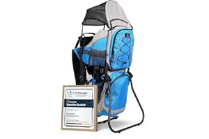 Dromader Kraxe Kindertrage bis 22kg - Baby Rückentrage Wandern mit Sonnendach Regenschutz - Babytrage Outdoor Trekking mit Thermotasche Wickelmatte - Einhändig klappbarer Aluminiumrahmen - Blau