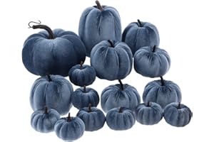 Yatinkim Blau Samt Herbsternte Kürbis Dekor Set 5 Größe Stoff Schaumstoff Kürbisse Rustikale Hochzeit Heim Dekoration Veranda Mittelstück Mantel 16 Stück