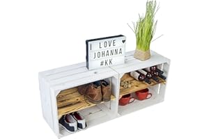 ‎KISTENKOLLI ALTES LAND Kistenkolli Altes Land 2er Set Obstkistenregal WEIß Johanna mit Mittelbrett geflammt LÄNGS Schuhregal Weinkistenregal Holzkiste Regalkiste