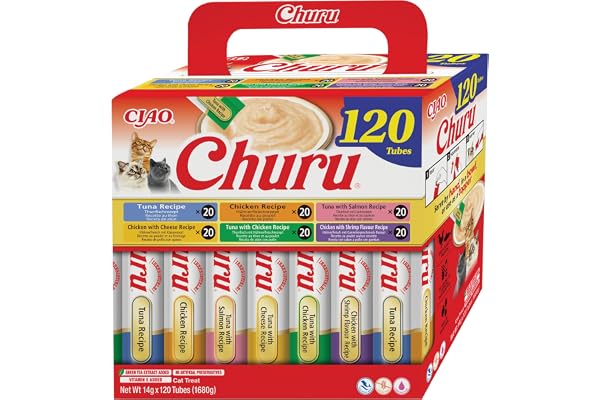 INABA Churu Snack para Gatos, Multipack Pollo y Atún, 120 x 14g | Snack Suave y Cremoso, Delicioso y Saludable, Sticks para Lamer, Complemento para la Comida en Puré, Natural, Sin Cereales