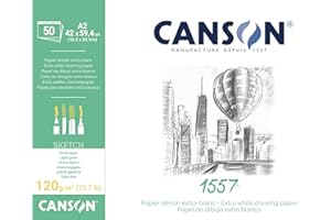 CANSON 1557 - Bloc 50 feuilles de papier croquis - Grain léger - A2 - 120g/m² - Extra blanc