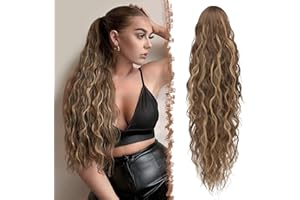 FESHFEN Coleta Postiza Pelo Largo Natural con Cordón, Rubio Miel Mixto Marrón Claro, Ondulado Rizado Sintética Extensiones para Mujeres 65 cm