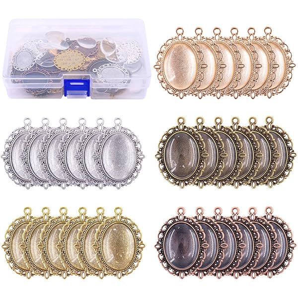 Perlin Set van 6 filigraan medaillons, metalen hangers, fittingen en 18 x 13 mm, ovaal, helder glas, cabochon, in zilver en bronskleur, vatting frame, super optiek, knutselset (zilver
