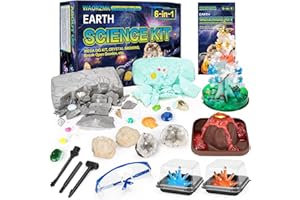 WAORZMK 6-in-1 Science Experiments Kits for Kids Age 4-14, STEM Geology Educational Toys Gifts for Boys Girls, Mega Gemstone Fossil Dig Kit | Volcano Eruption | Open Geodes | Crystal Growing Kit