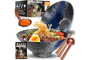 YTLEMON Ceramic Ramen Bowl Set of 2 - Porcelain Japanese Salad Noodles Cereal Fruit Pasta Soup Large Bowls 2×1000 ml 34 Ounces with Recipes Chopsticks and Spoons for Party Camping Men and Women Gifts