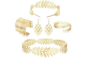 JeweBella 5 Pezzi Bracciale Superiore Bracciali Aperti Set per Donna Foglia di Alloro della Dea Greca Corona d'oro Fascia Orecchini Oro Bracciale Polsino Parure di Gioielli