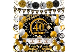 NAVDRIVL 40th Birthday Decoration Men Women, 40th Birthday Decorations Banner Backdrop Balloons Black and Gold, Happy 40 Bday Decorations Banners Tablecover Triangle Flag, 40 Year Old Bday Gifts Party Supplies