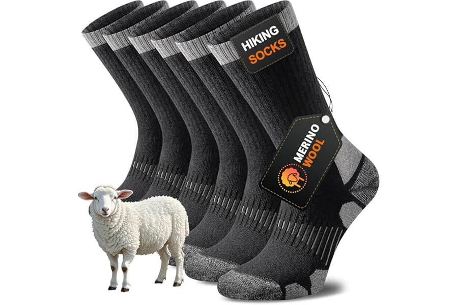 Niorasen Merino Wool Hiking Socks for Men & Women, Thick Cushioned Walking Socks, Seamless & Breathable Anti-Blister Crew Socks for Sports, Running, Outdoor, Work, Cycling, Trekking,3 Pairs Unisex