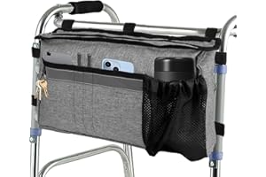 ADFUENOM Große Walker Tasche mit Getränkehalter für Gehhilfen Gehgestell Rollator,Freihändige Klapp-Walker Korb Organizer Sack für Senioren .Einfacher Zugang zu Reißverschlusstasche Grau