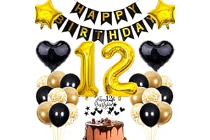 Cnrose 12. Geburtstag Dekoration,Schwarz Tortendeko Geburtstag 12 Jahre Junge,Party Deko Gold Schwarz,12 Geburtstag Junge Mädchen,Tortendeko 12. Geburtstag Mädchen,Geburtstagsdeko 12 Jahre Junge