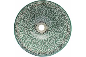 Casa Moro Moroccan Ceramic Washbasin Fes33 Diameter 35 cm in Green White Round Hand Painted Countertop Basin Oriental Hand Wash Basin for Beautiful Bathroom WB35033