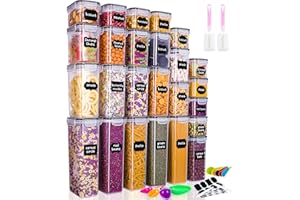 NEFLSI Botes Cocina Almacenaje 25 Piezas Recipiente de Botes Plástico Cocina Alimentos Sellados con Tapa Etiquetas y Cucharas Se Utiliza para Almacenar Cereales, Arroz, Harina, Etc (2.8L 2L 1.4L 0.8L)